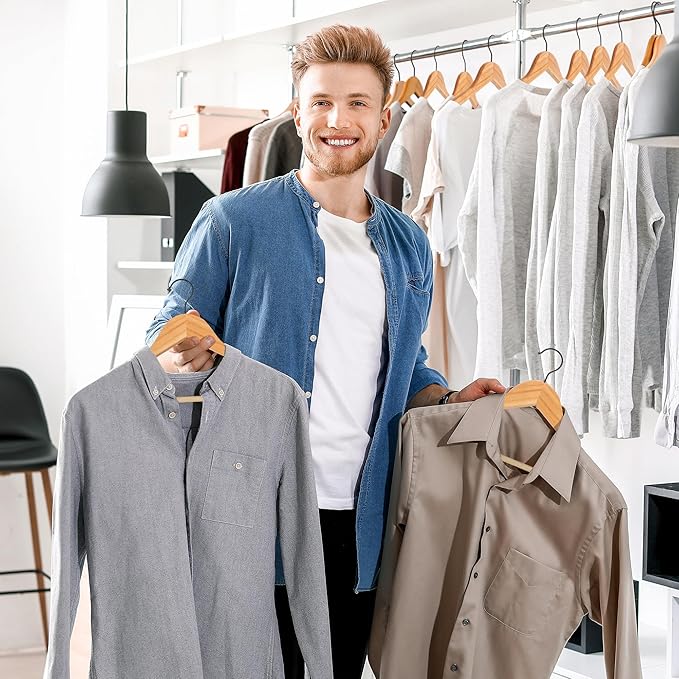 JS HANGER Wooden Hangers 30 Pack, Natural Wood Suit Hangers with Non Slip Shoulder Grooves, Clothes Hangers for Coats, Shirts, Jackets, Pants, Suits