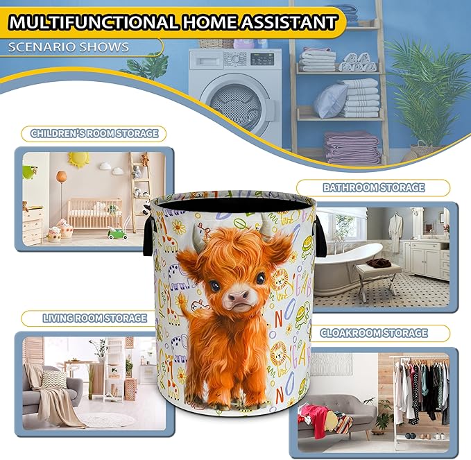 Cute Highland Cow Laundry Basket Calf Foldable Waterproof Oxford Cloth Funny Tote Bag Laundry Hamper Clothes Storage Bucket Toy Organizer For Bathroom/Laundry Storage/Bedroom 18.9x16.5 Inch