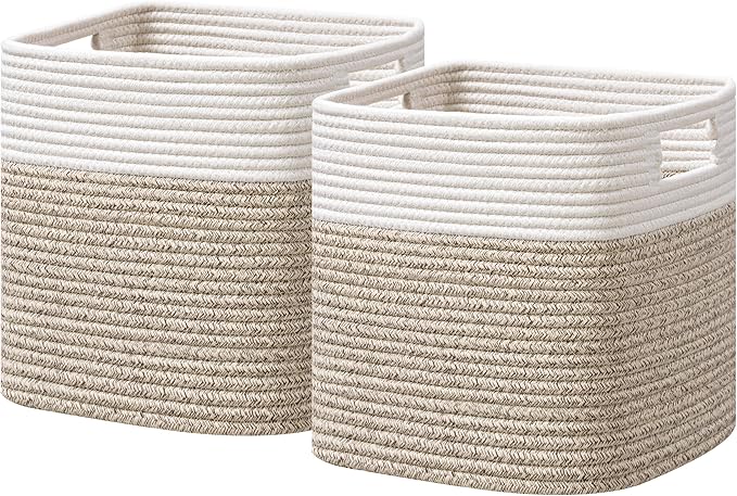 UBBCARE Storage Cubes 11 Inch, Cotton Rope Woven Baskets for Organizing, Cube Storage Bin for Baby Nursery, 2-Pack Square Toy Storage Baskets for Shleves Organizer, Closet, Kidsroom, Brown