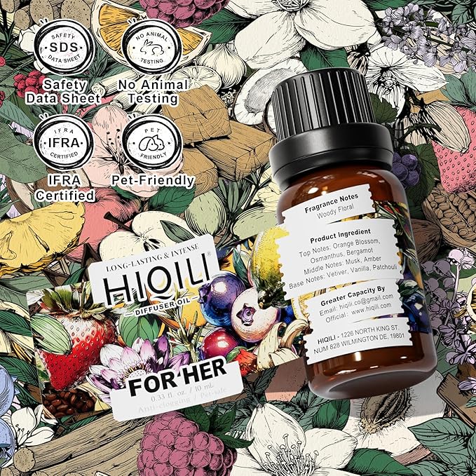 HIQILI for Her Diffuser Oil, Ideal for Reed Diffuser, DIY Luxury Perfume, Wool Dryer Ball, Long Lasting Scent - 0.34 Fl Oz