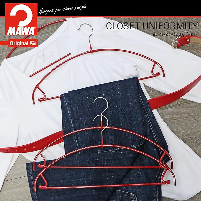 Mawa by Reston Lloyd Euro Ultra Light/Thin Series, Non-Slip Space Saving Clothes Hanger with Bar & Hook for Pants and Skirts, Style 42/PTU, Set of 130, Red