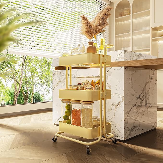3-Tier Metal Rolling Cart with Wheels, Utility Storage Cart, Multifunctional Organizer Storage for Kitchen, Bedroom, Office, Laundry Room, Dorm Room Essentials (Cream Yellow)