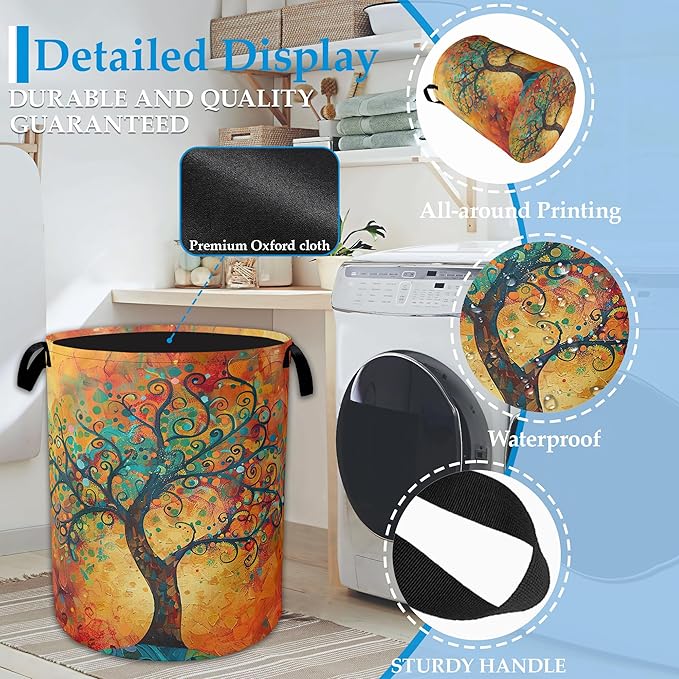 Abstract Life Tree Laundry Basket Collapsible Laundry Hamper with Handle, Portable Clothes Toy Storage Bin for Bathroom Bedroom Room Decor 16" X 20.8"