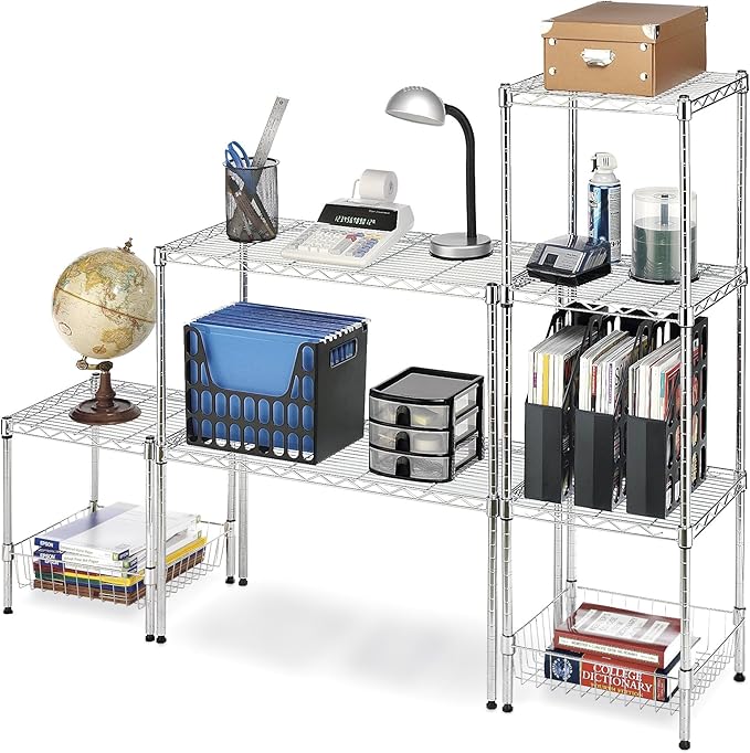 Whitmor Wire Shelving Unit, Metal Storage Shelves, Stacking Shelf with Basket, Easy Assembly Home Organizer for Pantry, Kitchen, Garage, Plant