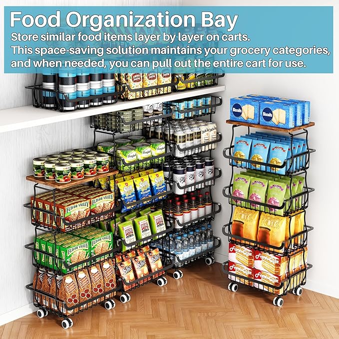 4 Tier Vegetable Fruit Basket for Kitchen, Stackable Metal Fruit and Vegetable Storage Baskets with Rolling Wheels Cart, Fruteros Para Cocina Potato and Onion Bin Pantry Kitchen Island Cart Counter