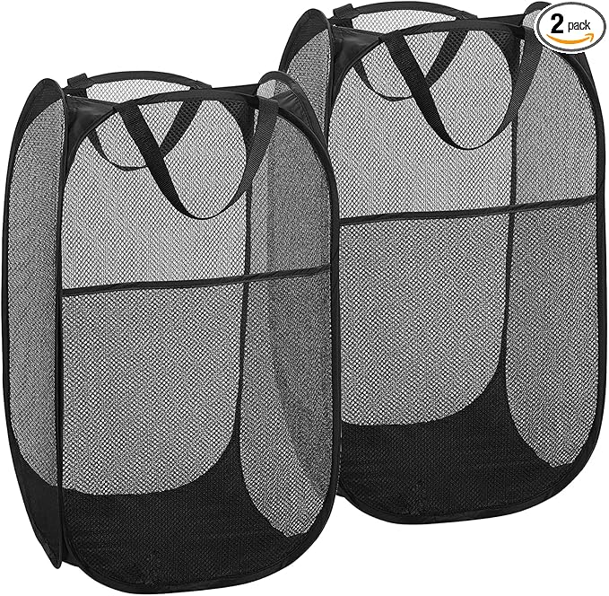 2 Pack Popup Laundry Hamper,Foldable Mesh Laundry Basket with Durable Handle,Easy to Open and Fold for Dorm, Laundry Room, Bedroom, RV(Black and Black)…