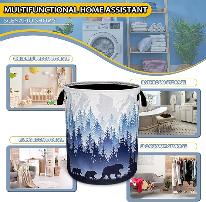 Mama Bear Laundry Basket Forest Mountains Foldable Oxford Cloth Funny Tote Bag Laundry Hamper Clothes Storage Bucket Toy Organizer For Bathroom/Laundry Storage/Bedroom 18.9x16.5 Inch