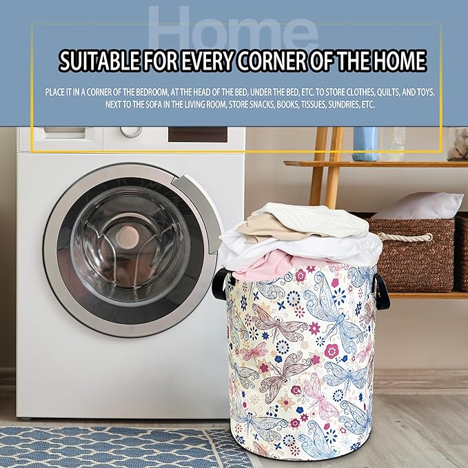 Dragonfly Laundry Basket Flowers Foldable Oxford Cloth Funny Tote Bag Laundry Hamper Clothes Storage Bucket Toy Organizer For Bathroom/Laundry Storage/Bedroom 18.9x16.5 Inch