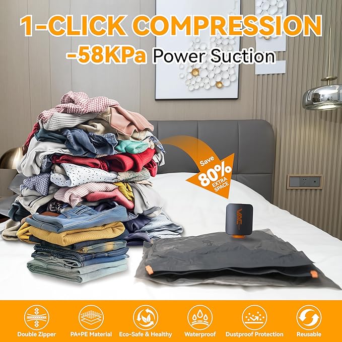 Vacuum Seal Bags for Clothing with Rechargeable Cordless Pump, 18 Pack Vacuum Storage Space Saver Bags, Compression Packing Seasonal Storage for Clothes Bedding Blanket Pillows Comforters