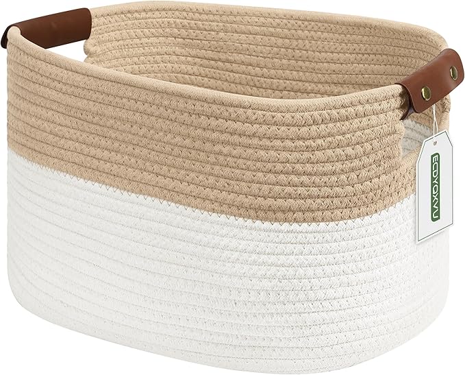 Cotton Rope Storage Baskets, 15x10x9 in, Rectangular, White/Beige-1Pack, Modern, Easy To Use, Foldable, Laundry, Storage, Decoration