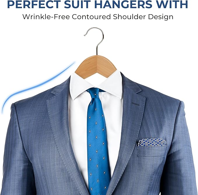 JS Hanger Wooden Coat Hangers, 20 Pack High Grade 17.5 Inch Wood Suit Hangers with Non Slip Pant Bar - Extra Smooth and Splinter Free Natural Finish