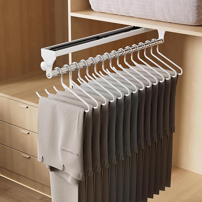 Pull Out Closet Rod, 15.7inch Heavy Duty Pants Rack, Adjustable Clothes Hanger Rail, Space Aluminum Valet Rod, Top Mounted Wardrobe Clothes Organizer, Closet Storage for Trousers Coats White