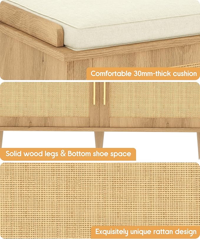 Rattan Shoe Storage Bench with Cushion, 2-Tier Entryway Bench with Adjustable Shelves and 2 Doors, 15" D x 39.4" W x 20" H, Solid Wood Legs, for Hallway, Living Room, Bedroom, Natural Oak