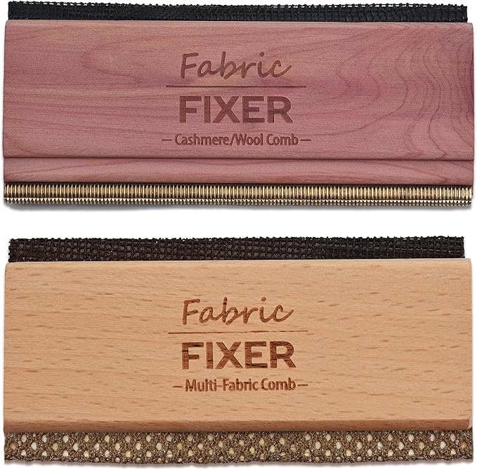 Cashmere and Multi-Fabric Sweater Comb Combo (Cedar Wood Handle Double Edge Design) Manual Fabric Defuzzer Wool Lint Shaver Comb Scraper for Clothing Pills, Furniture, Sheets and Fabrics