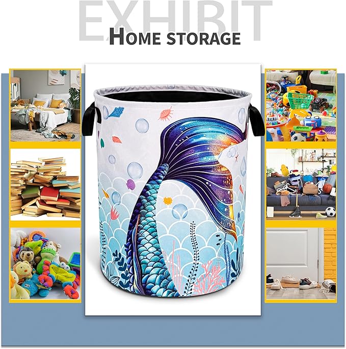 Blue Purple Mermaid Tail Laundry Basket Beautiful Foldable Oxford Cloth Funny Tote Bag Laundry Hamper Clothes Storage Bucket Toy Organizer For Bathroom/Laundry Storage/Bedroom 18.9x16.5 In