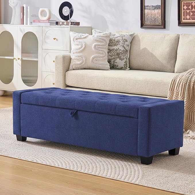 48" Ottoman with Storage, Storage Ottoman Bench with Safety Hinge, Upholstered Entryway Bench with Seating for Bedroom, Living Room, Holds up to 330 lb, Blue