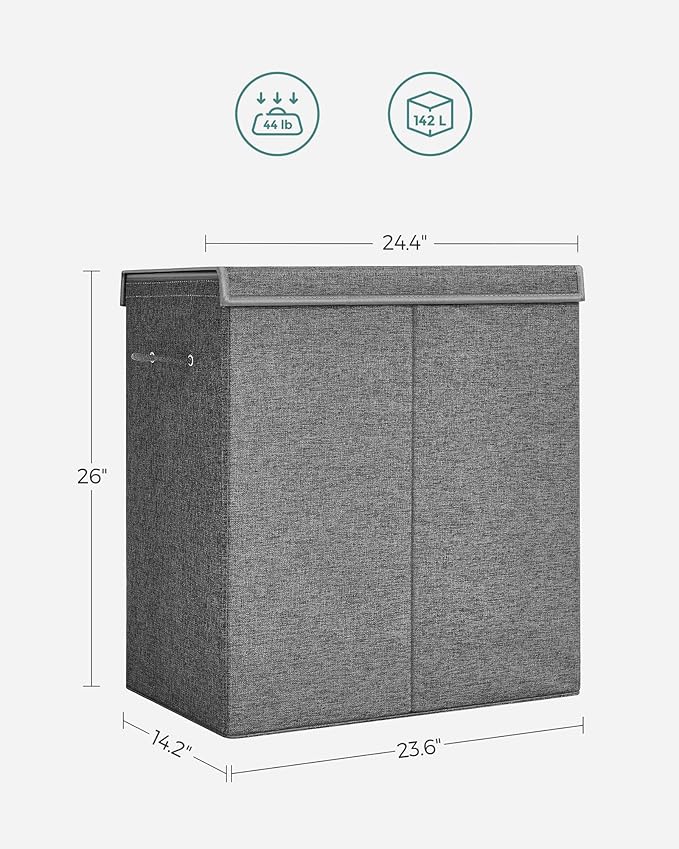 SONGMICS Laundry Basket, Laundry Hamper with 2 Compartments, 37.5 Gal. Foldable Laundry Sorter with Magnetic Lid and Handles, Removable Liner Bag, Dark Gray ULCB002G02