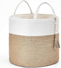 Mkono Woven Storage Basket Decorative Natural Rope Basket Wooden Bead Decoration for Blankets,Toys,Clothes,Shoes,Plant Organizer Bin with Handles Living Room Home, 16" Wx13.8 L, Cream White and Brown