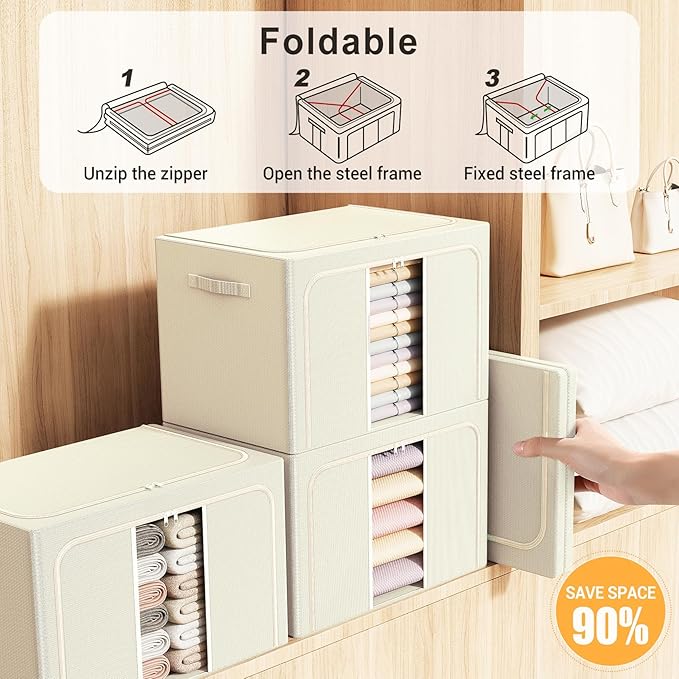 Clothes Storage Bins with Metal Frame Foldable Storage Box Clothes Organizers Storage Containers for Clothes Sheets Blankets Books Toys Gifts and Holiday Decorations (24Lx3 Pack) Beige