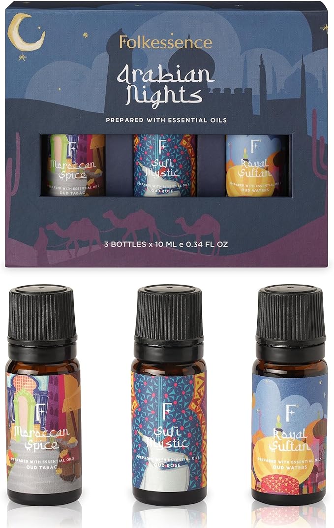 Folkulture Essential Oils Set for Diffuser | Pack of 3 Exotic Aromatherapy Oils | Oud Rose, Oud Tobacco & Amber Scents | Home Fragrance Gift Set for Relaxation & Every Day Gifts | Arabian Nights