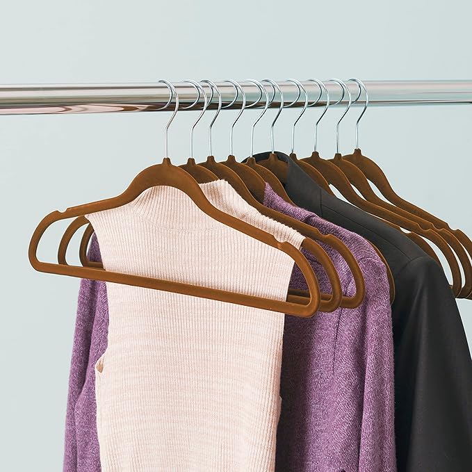 Velvet Clothes Hangers (Pack of 10), Brown, by Home Basics | Felt Hangers for Tops, Jackets, Dresses, and Pants | Contoured Hangers with Notches | Ultra-Thin Space Saving Clothes Hangers