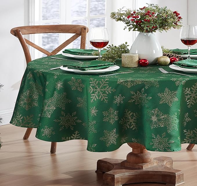 Newbridge Fancy Metallic Snowflake Christmas Fabric Tablecloth, 60 x 84 Inch Oval, Hunter Gold, No-Iron Soil Resistant Sparkling Snowflakes Woven Holiday Table Cover