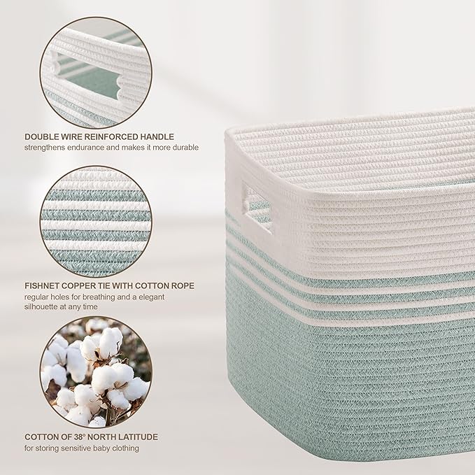 72L Large Laundry Basket for Living Room Storage, Woven Rope Baskets Bin for Blanket, Kids Toy, Gifts, Wicker Hamper for Bedroom Dirty Clothes, 22"x17"x12"White Green