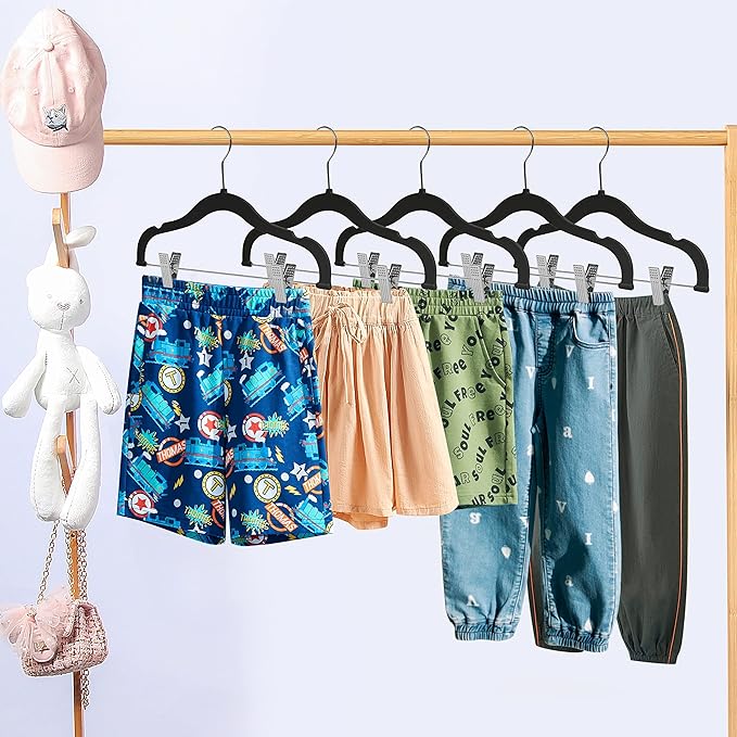 100 Quality Kids Plastic Non Velvet Non-Flocked Thin Compact Skirt Pant Coat Hangers with Metal Clips for Skirts Pants Blouses 360° Swivel Hook, Jacket, Shirt, Pants, Suit Hangers (Black, 100)