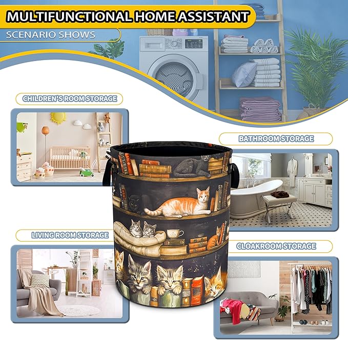 Cat On The Bookshelf Laundry Basket Cute Pet Foldable Waterproof Oxford Cloth Funny Tote Bag Laundry Hamper Clothes Storage Bucket Toy Organizer For Bathroom/Laundry Storage/Bedroom 18.9x16.5 Inch