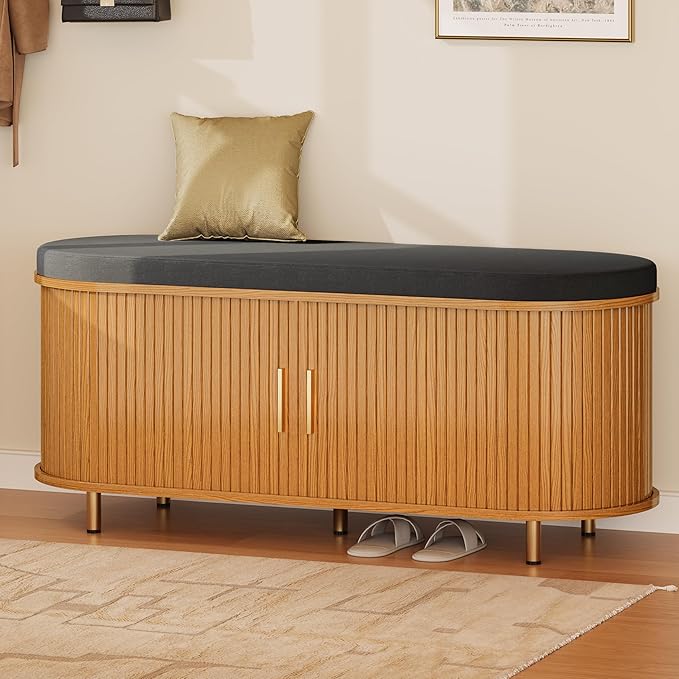 DHH 2-Tier Storage Bench, 43.3" Wide Shoe Bench with Thickened Padded Seat Cushion, Mid Century Modern Fluted Sliding Door and Adjustable Shelf, for Entryway, Living Room, Bedroom(Yellow Walnut)