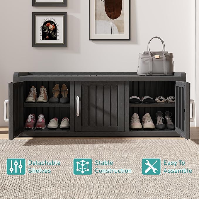 KAMABOKO Outdoor Shoe Storage Cabinet Waterproof UV-Resistant, Entryway Storage Bench Indoor Outdoor with 3 Barn Doors, Adjustable Shelves for Entryway, Bedroom, Hallway,Living Room(Black)