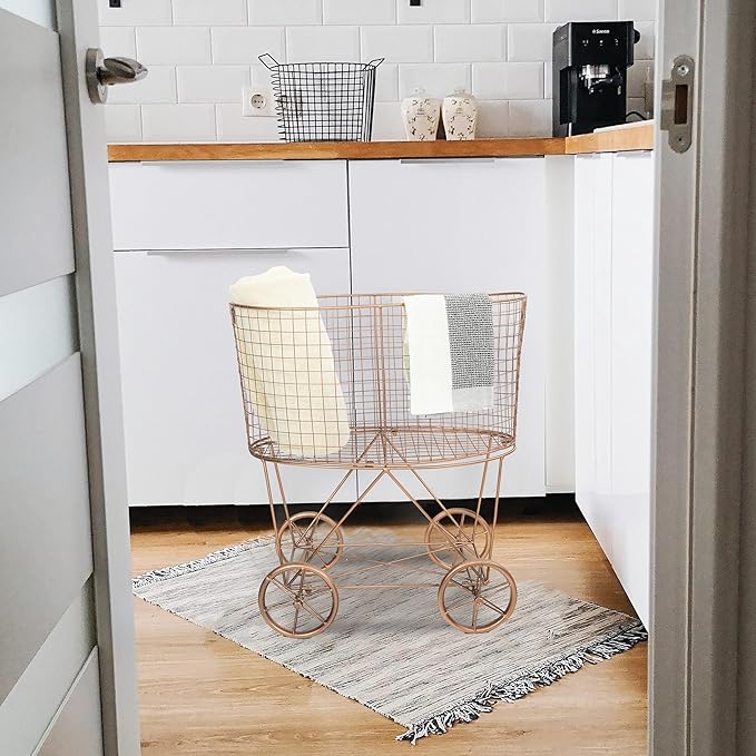 Creative Co-Op Vintage Reproduction Decorative Metal Laundry Basket on Wheels, Copper