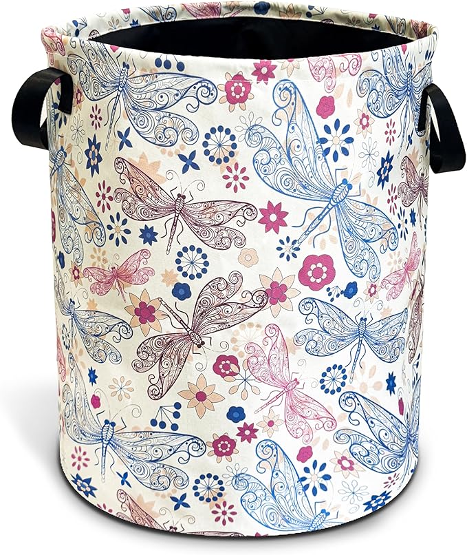 Dragonfly Laundry Basket Flowers Foldable Oxford Cloth Funny Tote Bag Laundry Hamper Clothes Storage Bucket Toy Organizer For Bathroom/Laundry Storage/Bedroom 18.9x16.5 Inch