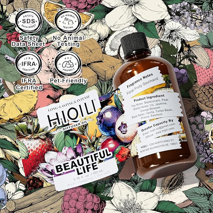 HIQILI Beautiful Life Diffuser Oil, Water Soluble Fragrance Oil for Home, Relaxing Floral Scent for Ultrasonic & Reed Diffusers - 3.38 Fl Oz