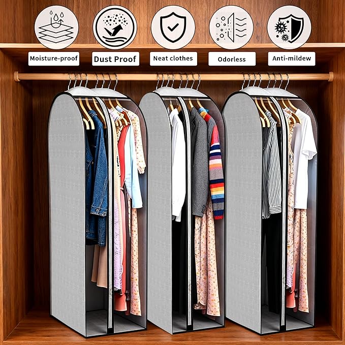 3 Pcs 10" Gusseted Garment Bags, 40" & 50" PEVA Moth-Proof Breathable Dust Cover,Garment Bags,Hanging Clothes Covers with Bedroom, Suits, Padded Clothes, Shirts Prevent Dust