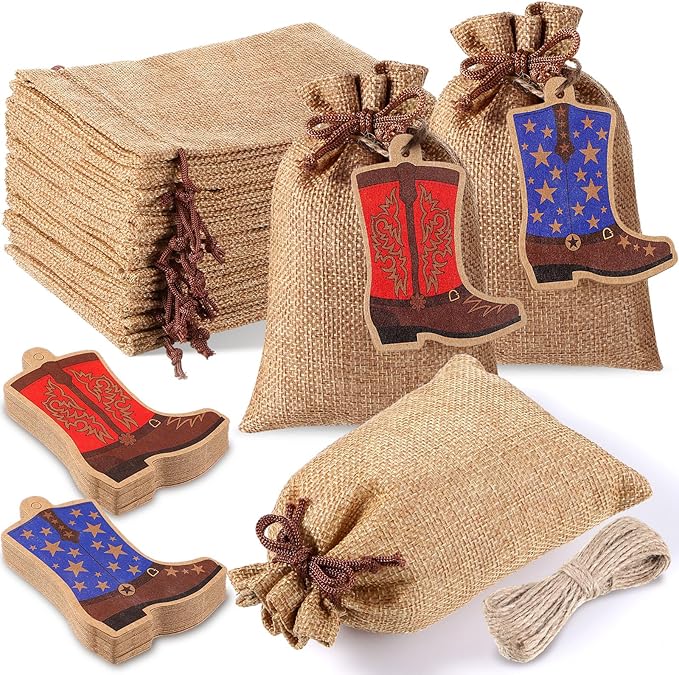 Mooliwe 50 Pcs Burlap Drawstring Bags with Boot Shape Tags, Western Cowgirl Gift Sacks Bulk 4 x 6 Inches Reusable Burlap Candy Pouch for Bachelorette Cowboy Baby Shower Wedding Party Favor(Red Blue)
