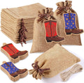 Mooliwe 50 Pcs Burlap Drawstring Bags with Boot Shape Tags, Western Cowgirl Gift Sacks Bulk 4 x 6 Inches Reusable Burlap Candy Pouch for Bachelorette Cowboy Baby Shower Wedding Party Favor(Red Blue)