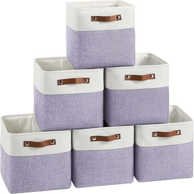 Cube Storage Baskets 6 Pack, 11x11 inch Cube Storage Bins with Leather Handles for Shelf Closet (White/ Purple)