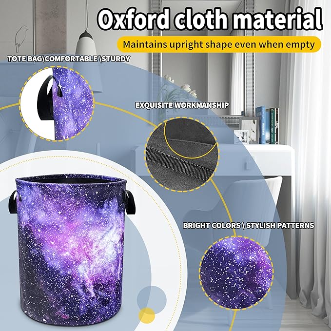 Pink Purple Galaxy Laundry Basket Universe Starry Sky Foldable Oxford Cloth Funny Tote Bag Laundry Hamper Clothes Storage Bucket Toy Organizer For Bathroom/Laundry/Bedroom 18.9x16.5 In