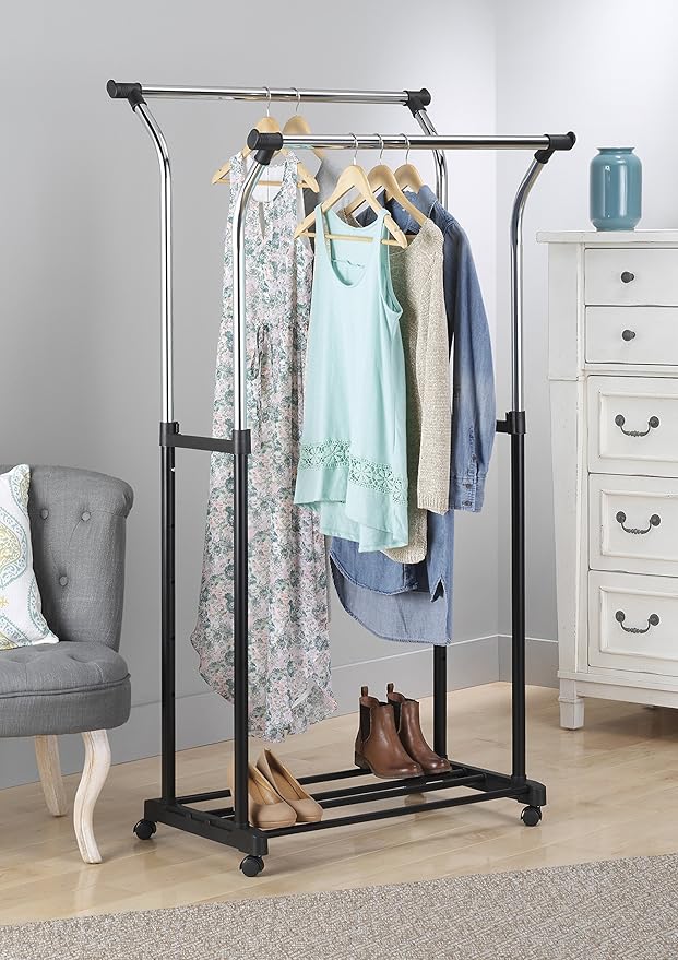 Whitmor Double Rods Clothes Rack, Rolling Clothing Rack for Hanging Clothes, Portable Wardrobe Rack, Adjustable Garment Rack with Wheels, Black & Silver