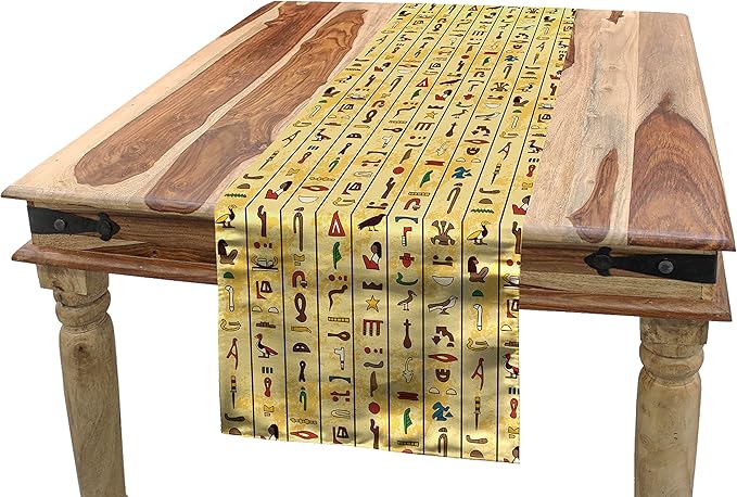 Ambesonne Egyptian Print Table Runner, Colorful Hieroglyphics on Papyrus Old Paper Style Background Cairo Culture, Dining Room Kitchen Rectangular Runner, 12" X 72", Pastel Yellow Brown
