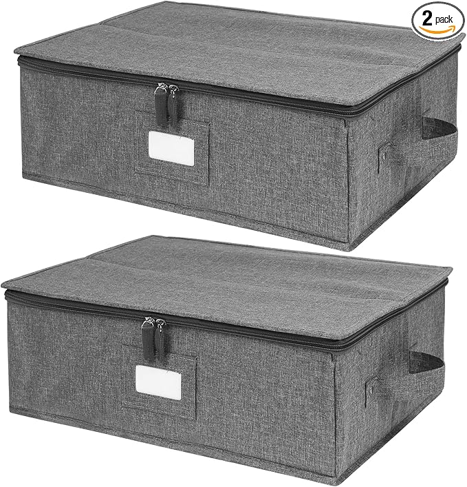 China Storage Containers Hard Shell 2 Pack, Platter Storage Case 17" x 13" x 6", 5 Felt Dividers Included, Structured Top and Stackable (Linen Grey)