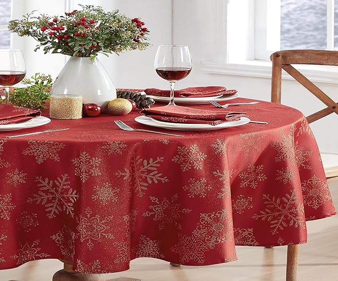 Newbridge Fancy Metallic Snowflake Christmas Fabric Tablecloth, 60 x 84 Inch Oval, Red Gold, No-Iron Soil Resistant Sparkling Snowflakes Woven Holiday Table Cover