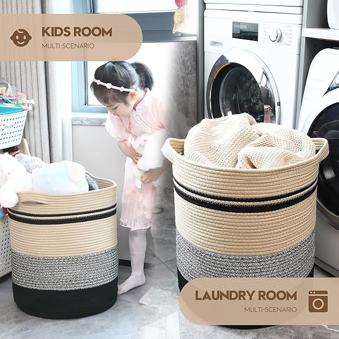 Sea Team Large Size Cotton Rope Woven Storage Basket with Handles, Laundry Hamper, Fabric Bucket, Drum, Clothes Blankets Organizer for Kid's Room, 18 x 20 inches, Round Open Design, Flaxen & Black