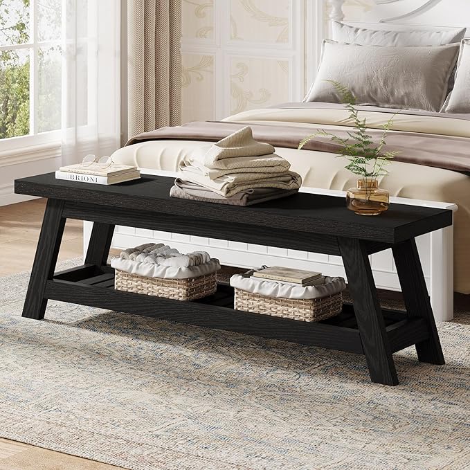 Tribesigns Wood Black 2-Tier Entryway Bench with Shoe Storage, 55" Large Narrow Hallway Foyer Seating Bench with Open Shelves for Entryway, Bedroom, Mudroom