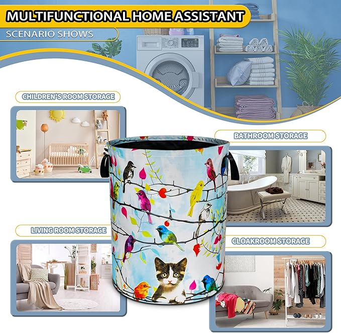 Cat Colorful Bird Laundry Basket Animal Foldable Oxford Cloth Funny Tote Bag Laundry Hamper Clothes Storage Bucket Toy Organizer For Bathroom/Laundry Storage/Bedroom 18.9x16.5 Inch