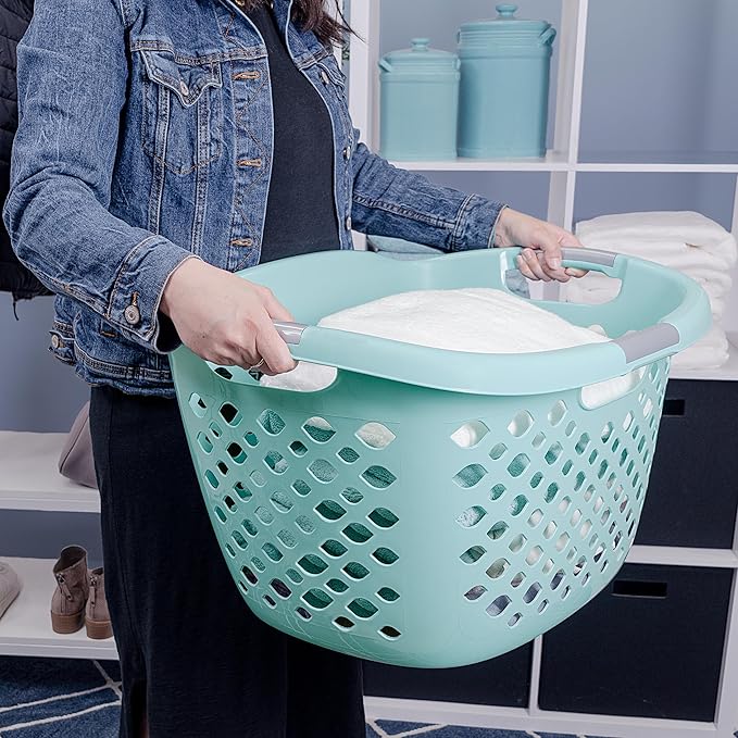 (2 Pack) 1.8 Bushel Hip Hugger Laundry Basket, Teal Flexible Plastic Hamper - Easy 1-Hand Carry(Home/Laundry Room)
