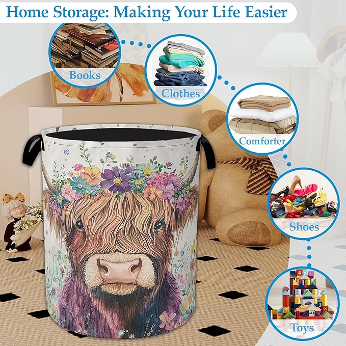 Highland Cow Laundry Basket Collapsible Laundry Hamper Oxford Storage Bin for Clothes Storage, Toy Organizer, Books and Sundries 16" X 20.8"