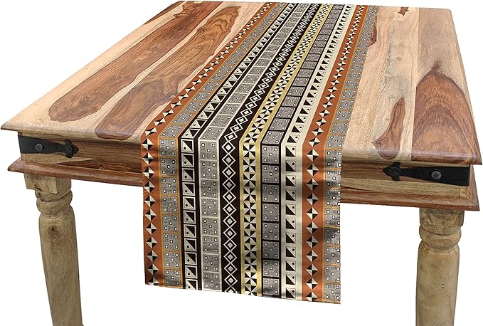 Lunarable African Table Runner, Geometrical Motifs Rhombuses Tiled Squares and Triangles Motifs, Rectangle Scarf for Dining Room Kitchen Table Setting Decor, 12" x 72", Beige Brown