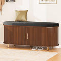 DHH 2-Tier Storage Bench, 43.3" Wide Shoe Bench with Thickened Padded Seat Cushion, Mid Century Modern Fluted Sliding Door and Adjustable Shelf, for Entryway, Living Room, Bedroom(Walnut)